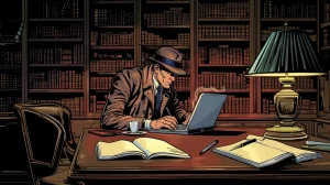 cartoon image of a detective searching for keywords